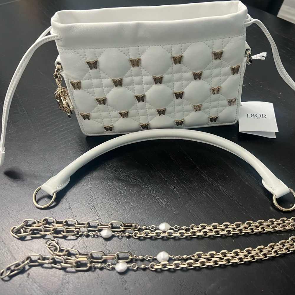 Dior Lambskin White Handbag with Gold butterfly details
